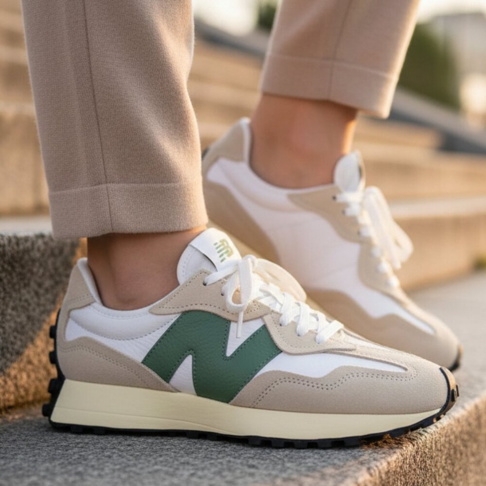 New Balance 327 Unisex Women 6 /Men 4.5 Sneakers Shoes White Leather Dark Green